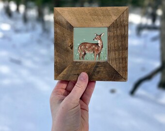 Deer in Flowers Art Print in Wood Frame, Rustic Woodland Animal Deer Decor, Deer Rustic Painting
