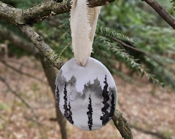 Watercolor Pine Trees Landscape Ceramic Ornament, Nature Ornament, Woodland Christmas Ornament, Rustic Ceramic Ornament