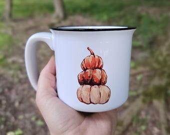 Taza de café para amantes del otoño, pila de calabazas de Cenicienta, taza de otoño