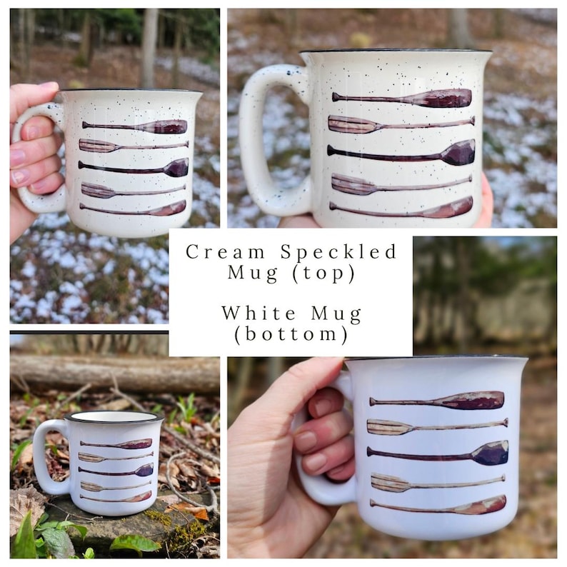 May include: Two ceramic mugs with a design of five brown wooden paddles on a white background. The top mug is cream colored with speckles and the bottom mug is white. The text "Cream Speckled Mug (top)" and "White Mug (bottom)" is printed below the mugs.