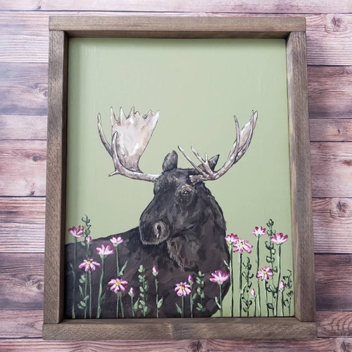 Original Moose Painting, Forest Animal and Wildflowers, Among the shops Wildflowers, Green Decor