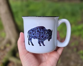 Floral Buffalo Coffee Mug, Football Cup, Ceramic Camp Mug