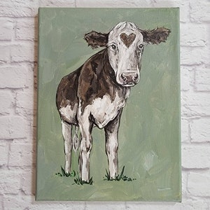 Original Love Cow Painting, Heart Cow Original Art on Canvas, Acrylic Cow Painting, Brown and White Cow, Cow with Heart, Hereford Cow