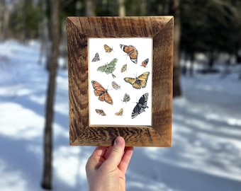 Butterfly & Moth Print in Wood Frame, Rustic Outdoorsy Wall Art, Cabin Art Print