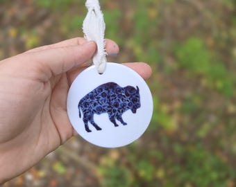 Floral Buffalo Ornament, Football Lover, Rustic Ceramic Ornament