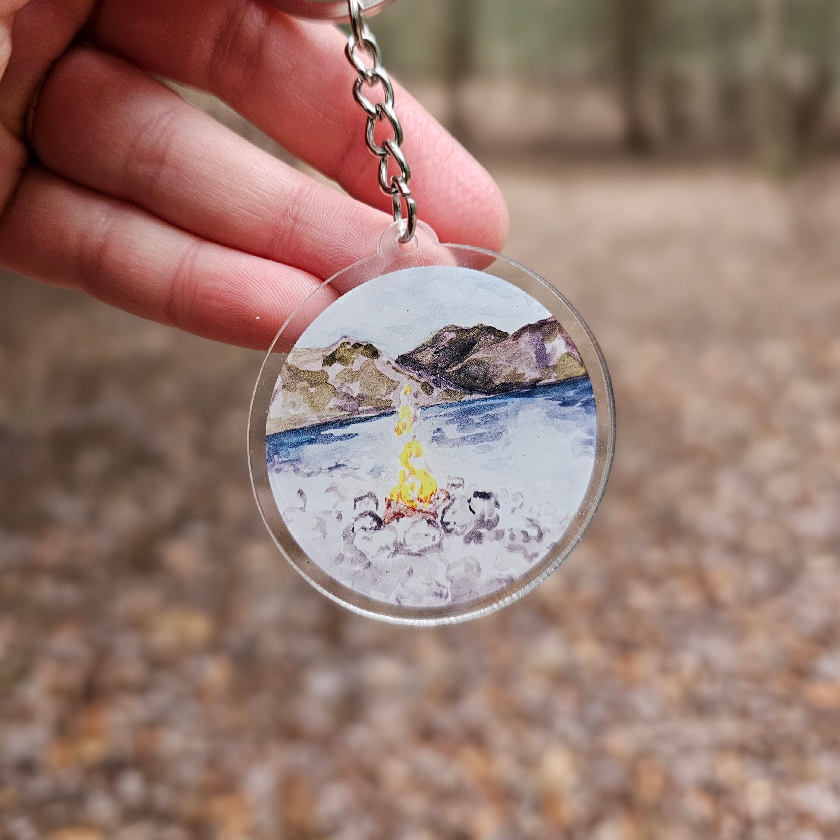 Landscape Keychain Campfire Landscape Acrylic Keychain, Blue Sky, Gift for Nature Lover ...