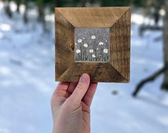 Rustic Daisy Art Print in Wood Frame, Daisy Flowers with Lightning Bugs with Metal Looking Background, Rustic Art Print, Farmhouse Decor