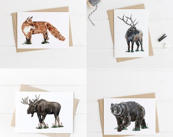 Woodland Forest Animals Greeting Card Set of 4, Rustic Fox, Elk, Moose, Bear Card, Outdoors Lover Card, Camping Lover Card, Nature Lover
