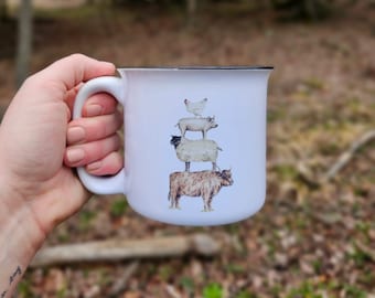 Farm Animal Stack Mug, Cow Sheep Pig Chicken Coffee Cup, Ceramic Camp Mug