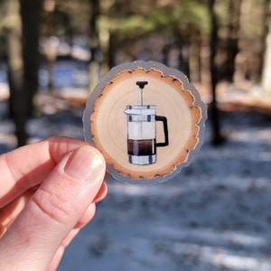 French Press Wood Vinyl Sticker, Water Bottle Sticker, Rustic Laptop Sticker, Vinyl Decal, Rustic Sticker, Coffee Lover Gift