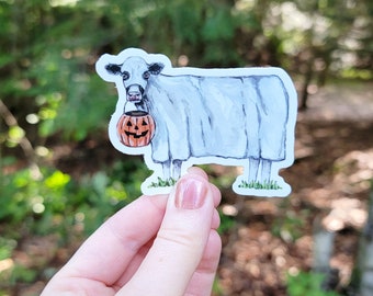 Ghost Cow Vinyl Sticker Holstein, Water Bottle Sticker, Laptop Sticker, Vinyl Halloween Cow, Fall Halloween Autumn Sticker