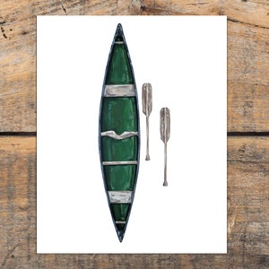 Green Canoe Art Print, Rustic Outdoorsy Wall Art, Rustic Cabin Art Print, Canoeing, Lake House Decor
