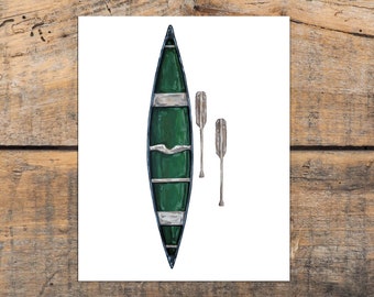 Green Canoe Art Print, Rustic Outdoorsy Wall Art, Rustic Cabin Art Print, Canoeing, Lake House Decor