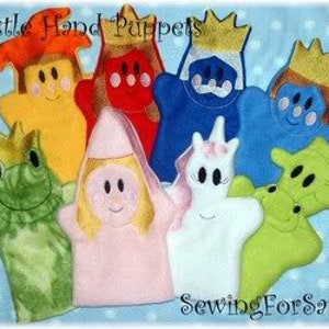 May include: A collection of colorful felt hand puppets, including a princess, a unicorn, and several kings and other characters. The puppets are in shades of yellow, red, blue, green, and pink. The text "Castle Hand Puppets" and "SewingForSarah" are visible.