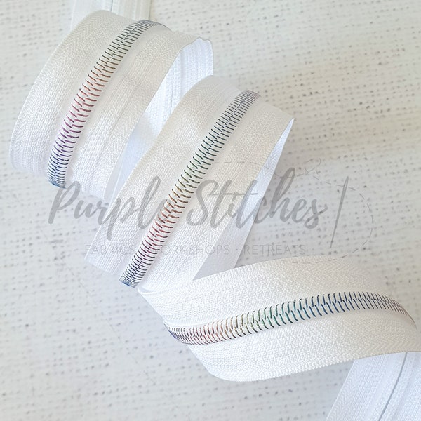 White Zipper Tape with WHITE RAINBOW Colour Coil Teeth - #5 Zip by the metre, UK Shop