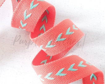 1.5 inches / 38mm Viscose-Cotton Mixed Webbing - CORAL with Teal ARROWS 1.9mm thick bag strap heavy duty webbing belts bag making UK shop