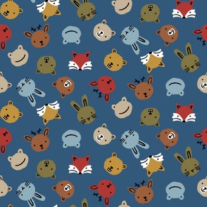 Sweet Animal Faces Blue - Organic Cotton Sweatshirt, fleece backed sweatshirt Jersey by quarter metre cotton jersey dressmaking UK Shop