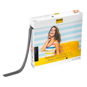 May include: A roll of gray seam tape, 15 mm wide and 50 meters long, is displayed in a white box with the text "NAHTBAND FLEXIBEL T15 SEAM TAPE FLEXIBLE T15". The box features a woman in a colorful top.