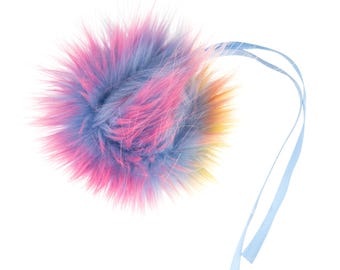 ARC-EN-CIEL 11 cm à pompon en fausse fourrure avec liens en ruban | Pompon duveteux amovible pour chapeaux, bonnets, écharpes, accessoires de crochet et de tricot