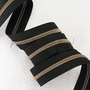 Svart dragkedjeband med antikmässingsfärgade spiraltänder - #5 dragkedja, storlek 5 dragkedja, metervara, UK Shop