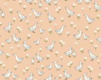 May include: A repeating pattern featuring white geese and ducklings with small white flowers on a peach background. The geese are in various poses, some with their young. The design is a whimsical, nature-themed pattern.