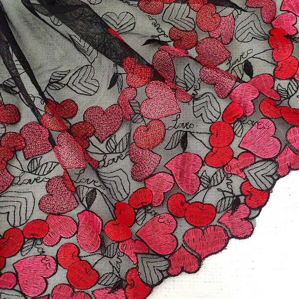 1m Red Heart Cherries Single Edge embroidered black tulle lace trim 31cm 12" non-stretch lace trim Embroidered Lace Trim bra making UK Shop