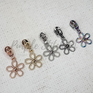 Metal Zip Slider with Metal Flower Zipper Pull - #5 zip slider for Size 5 bag zip, Gold, Silver, Gunmetal, Rainbow, Rose Gold UK shop