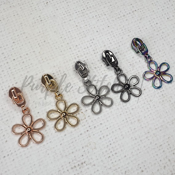 Four #5 Flower Zipper Pulls Gunmetal Four #5 Flower Zipper Pulls Gunmetal