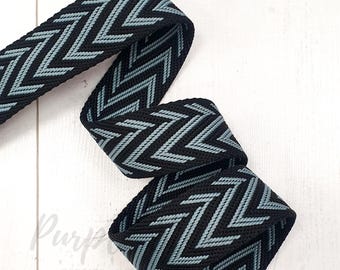 1.5 inches / 38mm Viscose-Cotton Mixed Webbing - BLACK with GREY Chevron 1.9mm thick bag strap heavy duty webbing belts bag making UK shop