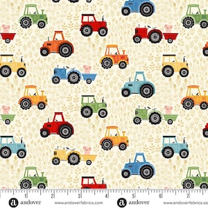 Farmhouse Tractor Cream – Fun on the Farm | Farm Quilting Fabric – Tractor Cotton | Makower Fabrics Fat Quarters & Yardage UK shop A-1456-R
