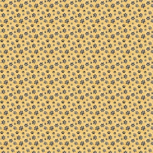 May include: A repeating pattern of dark grey paw prints on a yellow background. The paw prints are scattered across the surface, creating a textured and playful design. This pattern is suitable for pet-themed products.