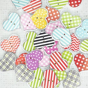 26mm printed HEART button Assorted colour Wooden heart Button, valentine embellishment button craft Supplies scrapbook, doll making UK shop