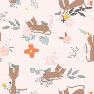 May include: A seamless pattern featuring brown cats with white stripes, birds, and flowers on a light pink background.