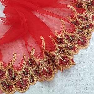 1m of RED Feather Embroidered Single Edge Lace trim - 23cm / 9 inches, Wide lace trim, Feather Lace Trim, bra making, UK Shop