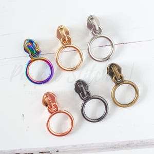 Metal Zip Slider with Metal RING Zipper Pull - #5 zip slider for Size 5 bag zip, Gold, Silver, Gunmetal, Rainbow, Rose Gold UK shop