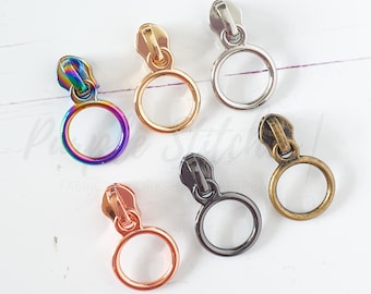 Metal Zip Slider with Metal RING Zipper Pull - #5 zip slider for Size 5 bag zip, Gold, Silver, Gunmetal, Rainbow, Rose Gold UK shop