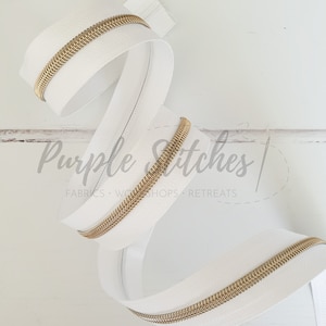 White Zipper Tape with Light Gold Coil Teeth - #5 Zip by the metre, UK Shop