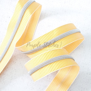 Yellow Zebra Zipper Tape with Silver Colour Coil Teeth - #5 Zip by the metre, Yellow and White Zipper tape, Stripy Zipper Tape UK Shop