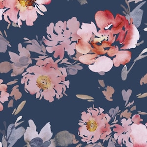 Roses Navy - Mattes Softshell Stoff mit Vliesrücken, wasserabweisend, Mantelstoff meterware Nähen UK Shop