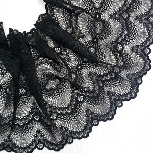 1 metre / 1.09 yards Black Stretch Lace Trim - Black 21cm / 8 inches, Wide lace trim, Elastic Stretch Lace, bra making, knicker lace