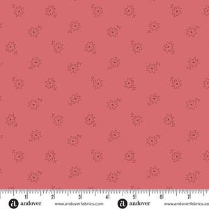 May include: A coral-colored fabric with a repeating pattern of small, dark red floral designs. The flowers are sketched with delicate lines and arranged in a scattered layout. A ruler is at the bottom of the image.