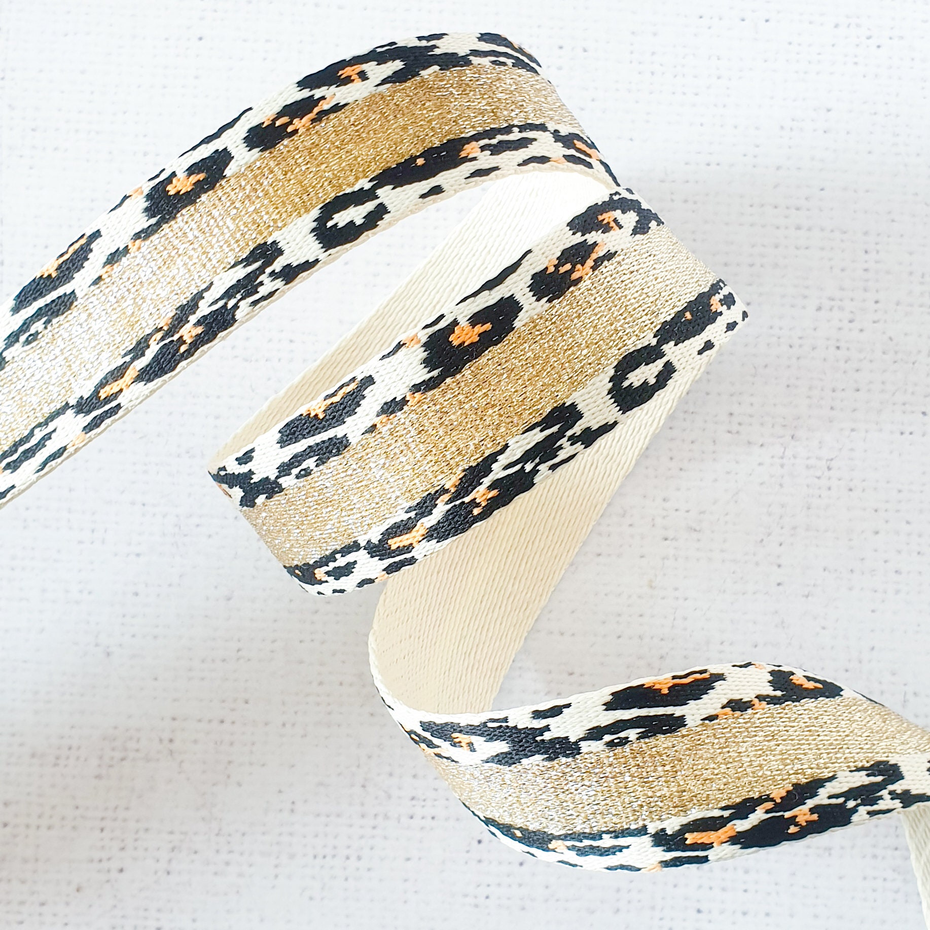 Webbing Cream 1.5 Inches / 38mm Polyester Webbing CREAM Leopard With Gold Metallic ...