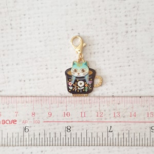 Teacup Cat Zipper Charm, Teacup Charm, Cat Clip, Stitch Marker, Notebook Charm, Diary Charm, Purse Accessories, Purse Charm, UK Shop zdjęcie 6