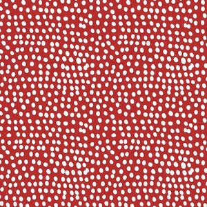 Può includere: Uno sfondo rosso con un motivo a pois bianchi. I pois sono di dimensioni diverse e sono sparsi casualmente sulla superficie.