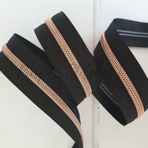 Black Zipper Tape With Rose Gold Nylon Coil size 5 Zipper by the
