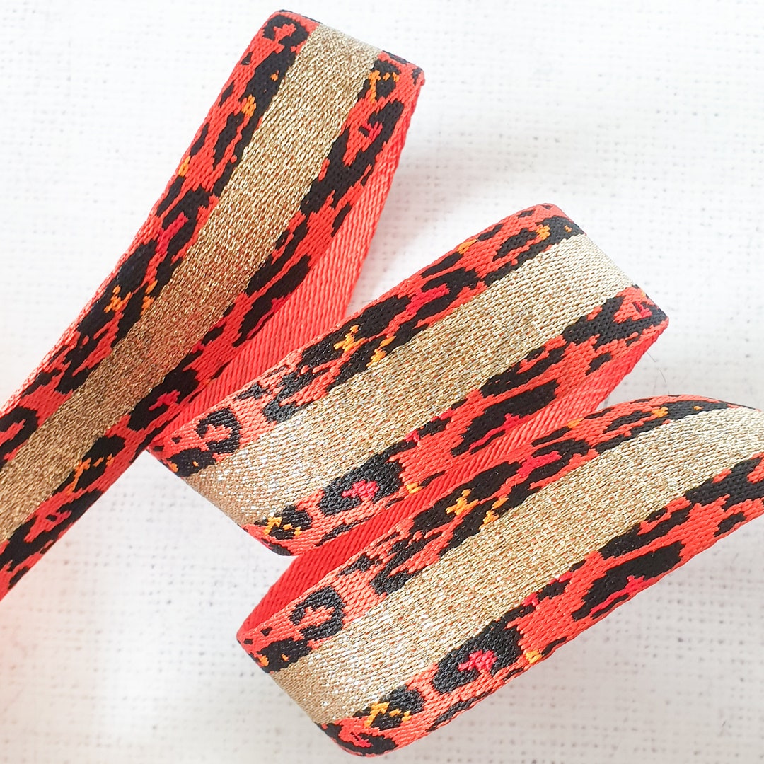 1.5 Inches / 38mm Polyester Webbing Coral RED Leopard With Gold ...