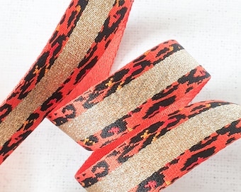1.5 inches/ 38mm Polyester Gurtband Coral RED Leopard mit Gold Metallic 2 mm dicker Taschengurt strapazierfähig Gurtband Gürtel Taschenbau Shop