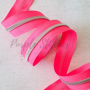 Fluorescent Pink Zipper Tape with Silver Coil Teeth - #5 Zip, Size 5 Zipper by the metre, UK Shop