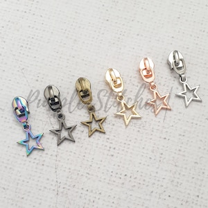 Metal Zip Slider with Metal Hollow Star Zipper Pull - #5 zip slider for Size 5 bag zip, Gold, Silver, Gunmetal, Rainbow, Rose Gold UK shop
