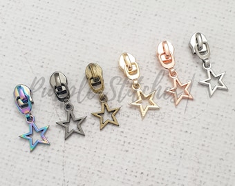 Metal Zip Slider with Metal Hollow Star Zipper Pull - #5 zip slider for Size 5 bag zip, Gold, Silver, Gunmetal, Rainbow, Rose Gold UK shop